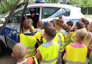 Dzieci oglądają radiowozy policyjne.
