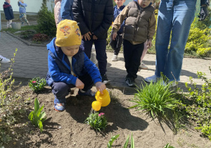 Chłopiec podlewa kwiaty